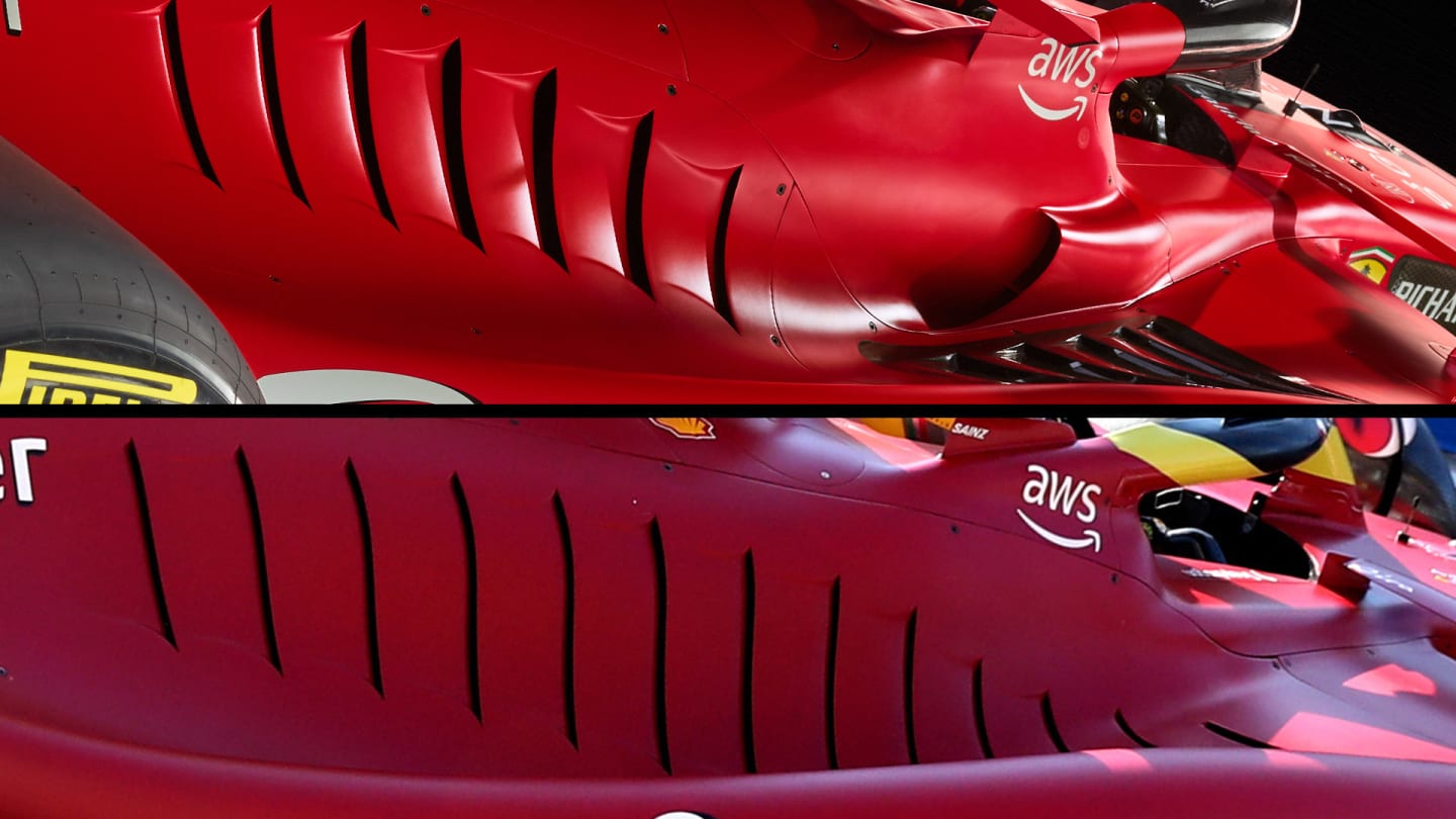 The SF-23 sidepods (top) compared with F1-75's (bottom). The depressions in the sidepod top remain and there is no Red Bull-like cooling cannon in the bodywork sides, the hot air extraction taken care of by the extensive array of louvres. 