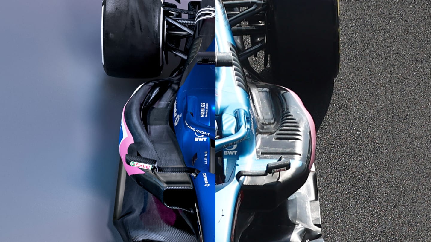 Sidepod layouts of Alpine's A523 (L) and A522 (R) compared