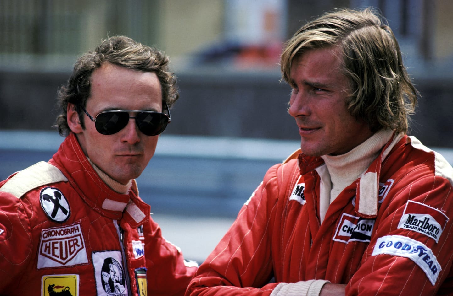 Season long rivals (L to R): Niki Lauda (AUT) Ferrari, who won the race, and James Hunt (GBR)