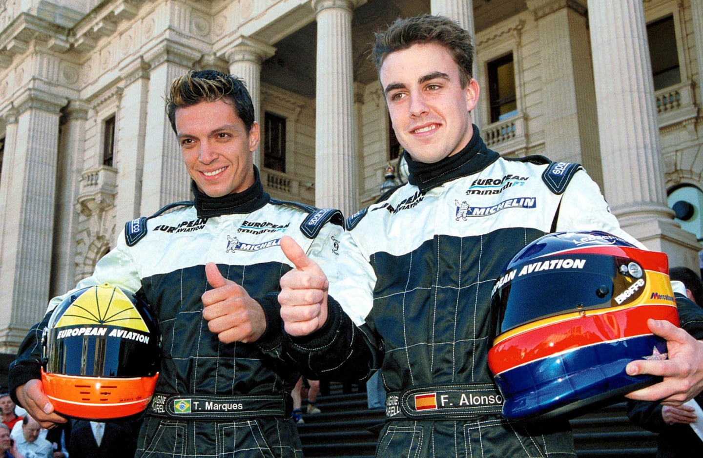 MELBOURNE, AUSTRALIA:  Formula One drivers Brazilian Tarso Marques (L) and Spaniard Fernando Alonso