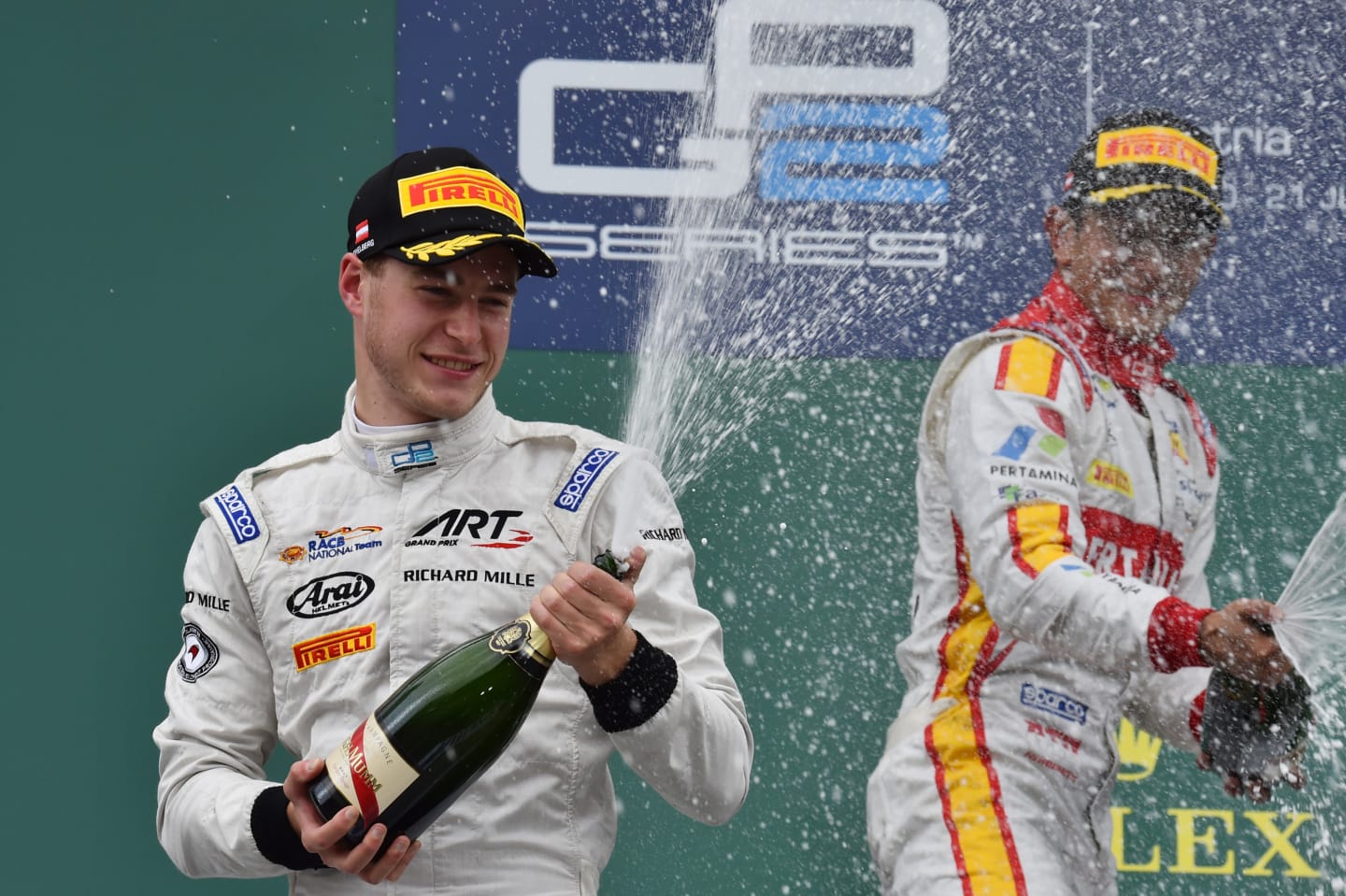 Race 2 second placed Stoffel Vandoorne (BEL) ART Grand Prix and race winner Rio Haryanto (INA)