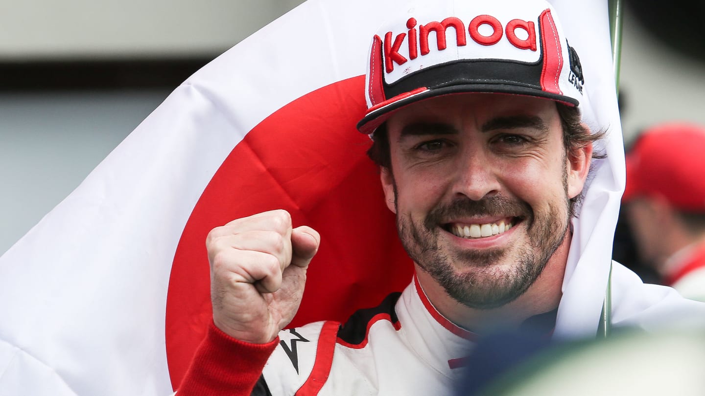 LE MANS, FRANCE - JUNE 16: Race winner Fernando Alonso of Spain and Toyota Gazoo Racing celebrates