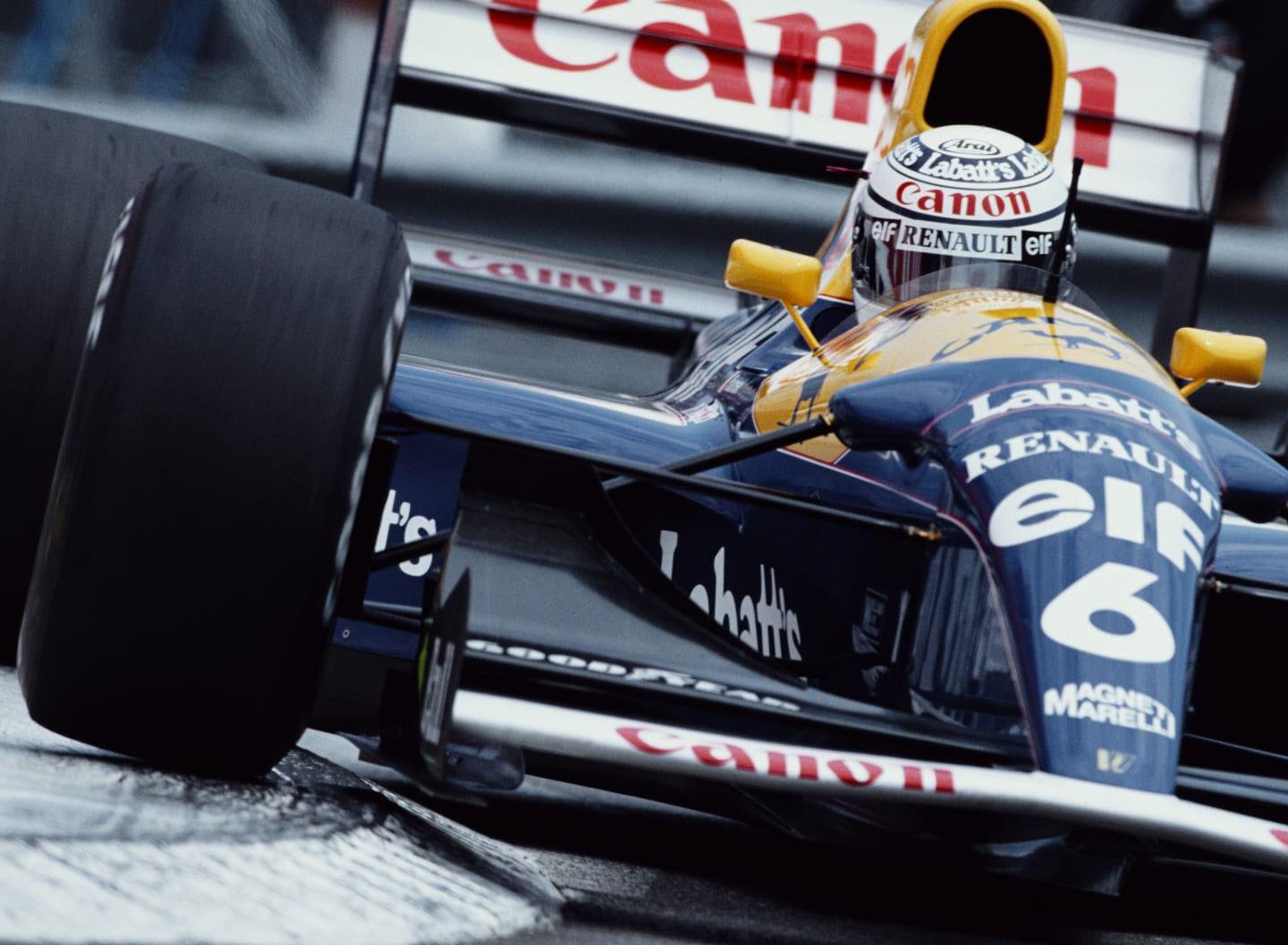 Riccardo Patrese of Italy drives the #6 Canon Williams Renault Williams FW14B Renault V10 during
