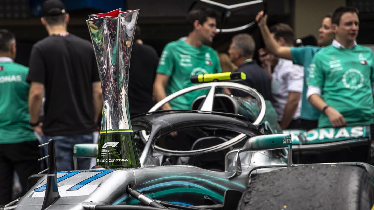 Mercedes-AMG F1 celebrate clinching the Constructors Championship with the trophy during the Brazilian GP at Autódromo José Carlos Pace on November 11, 2018. (Photo by Manuel Goria / Sutton Images)