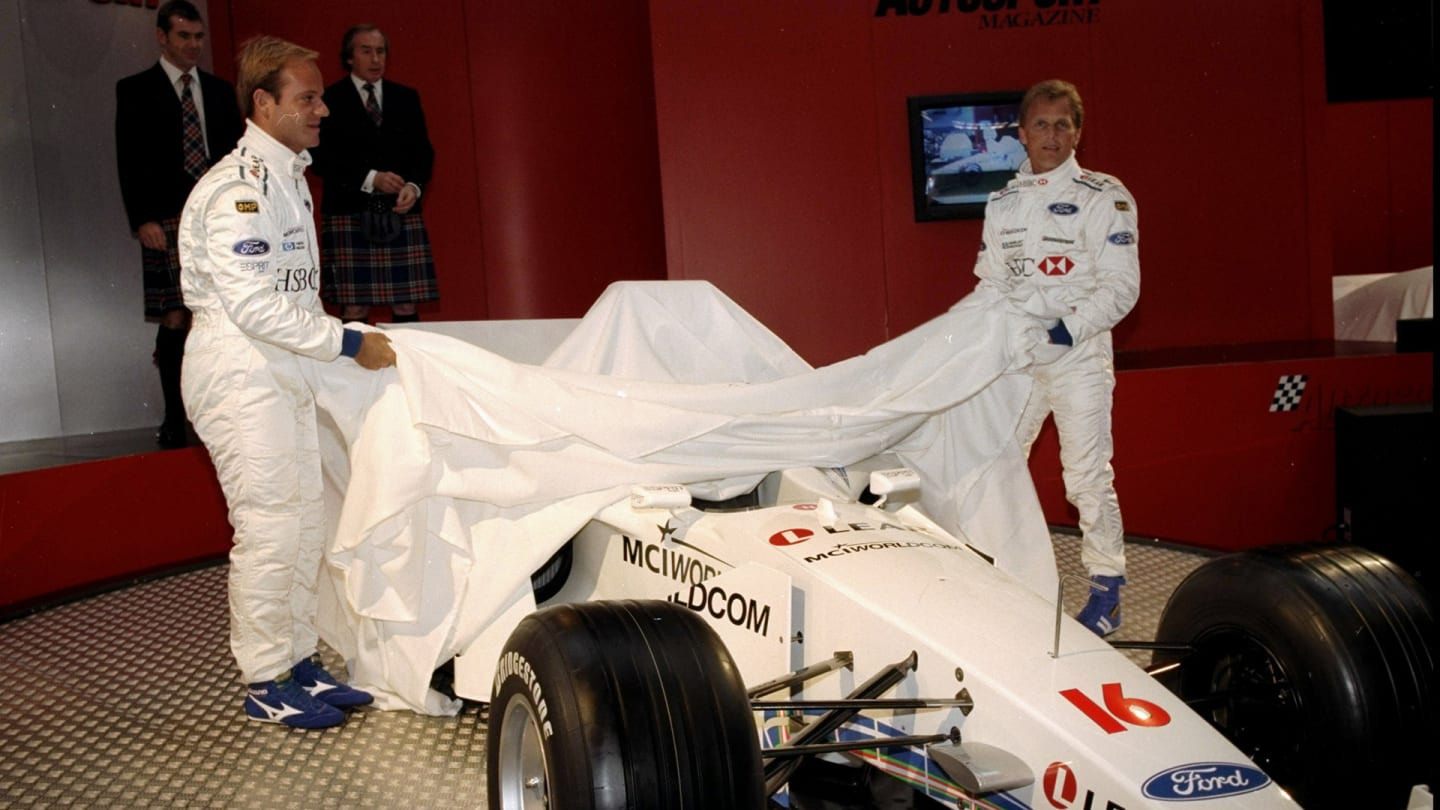 7 Jan 1999: Rubens Barrichello of Brazil and Johnny Herbert of Great Britain unveil the new F1 car