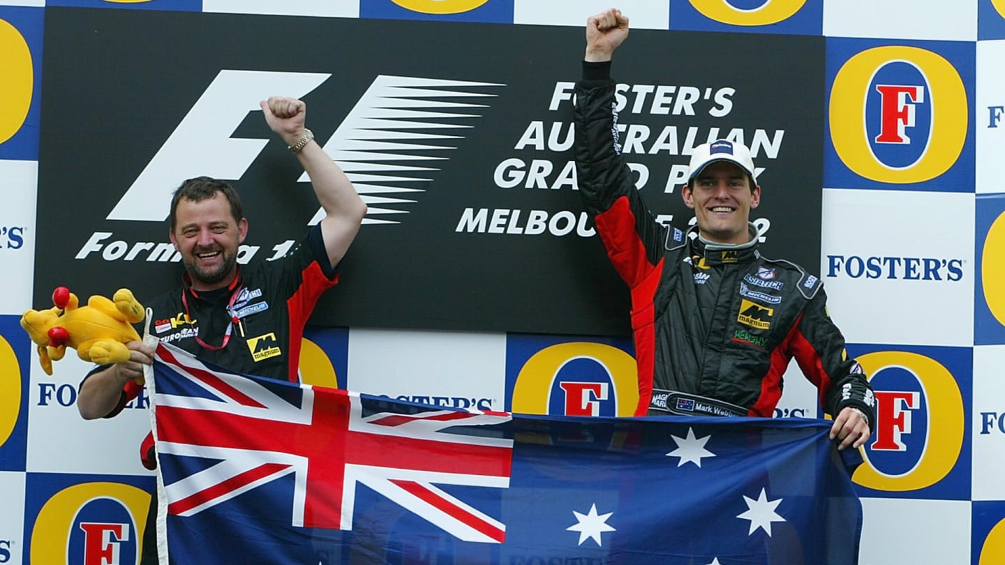 3 Mar 2002: Mark Webber of Australia and Minardi celebrates with team boss Paul Stoddart after his