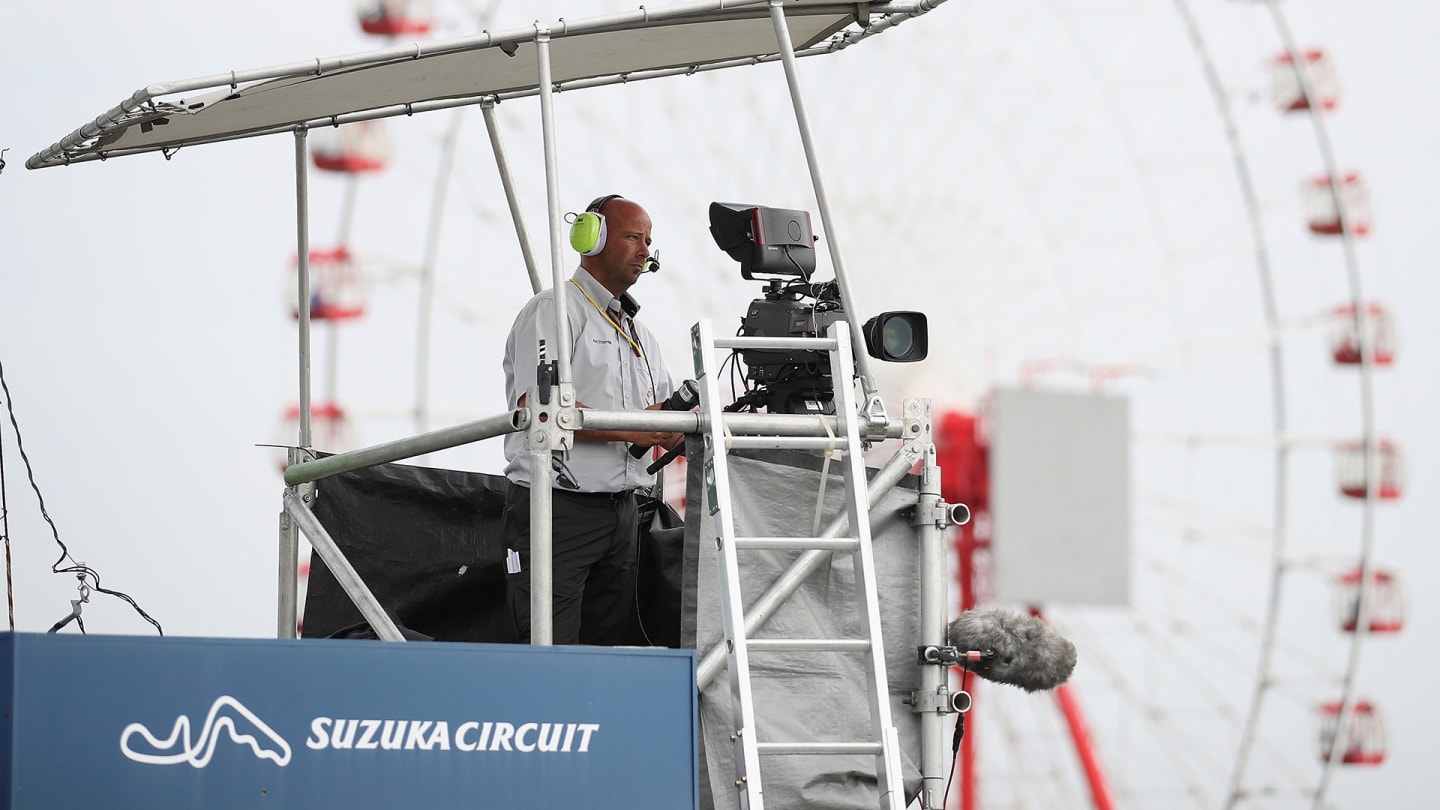 SUZUKA, JAPAN - OCTOBER 05: A general view of a TV cameraman during previews ahead of the Formula