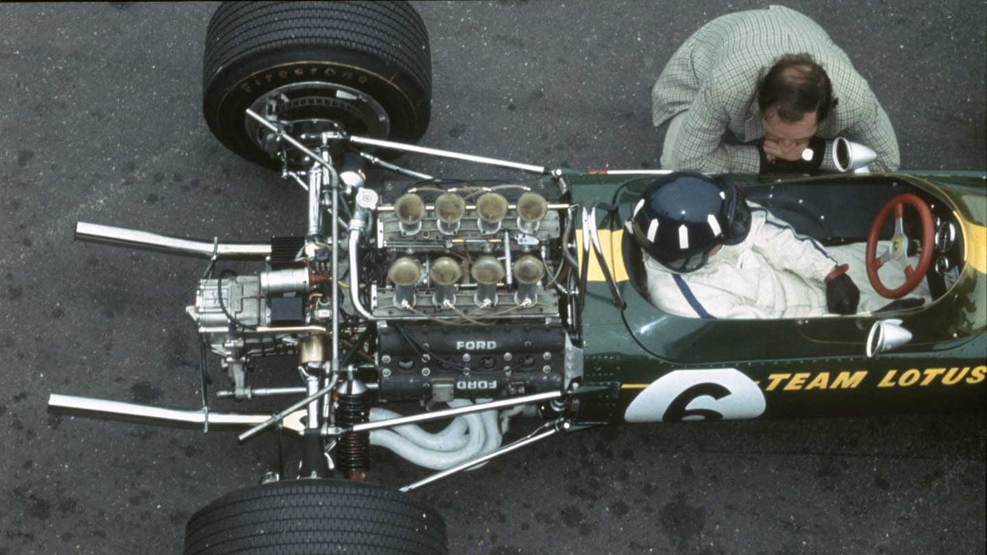 Zandvoort, Holland. 
2-4 June 1967. 
Graham Hill (Lotus 49 Ford). The new Ford Cosworth DFV V8