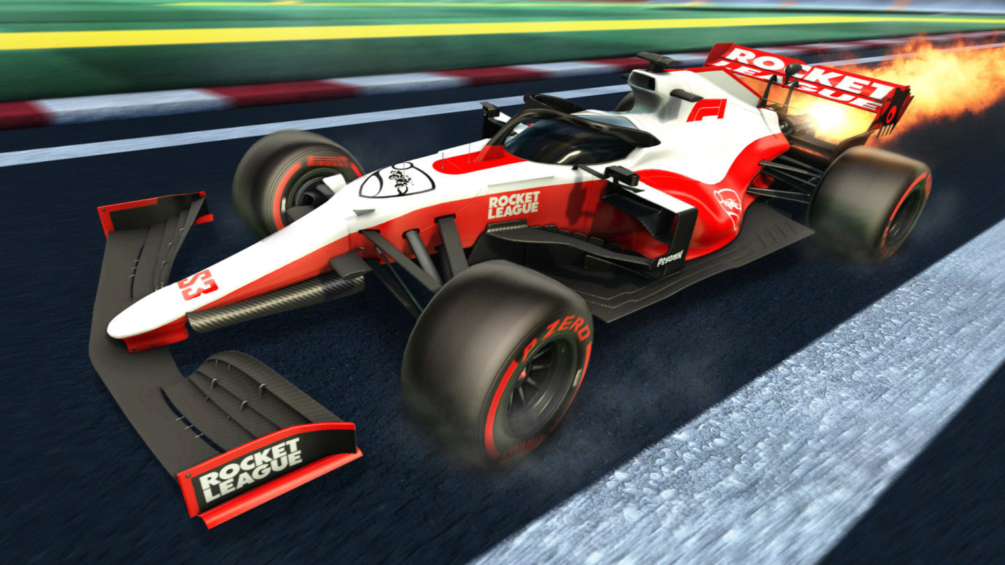 The F1 2021 car in Rocket League, available May 20-26