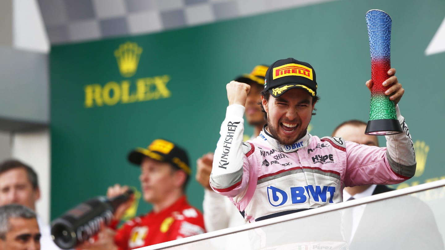 BAKU CITY CIRCUIT, AZERBAIJAN - APRIL 29: Sergio Perez, Force India, celebrates on the podium