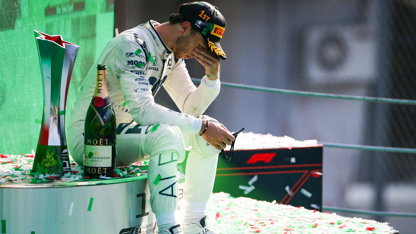 Pierre Gasly takes a moment to reflect on the Monza podium. © Copyright: Charniaux / XPB Images