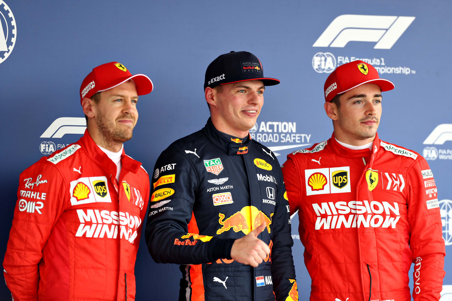 MEXICO CITY, MEXICO - OCTOBER 26: Top three qualifiers Max Verstappen of Netherlands and Red Bull