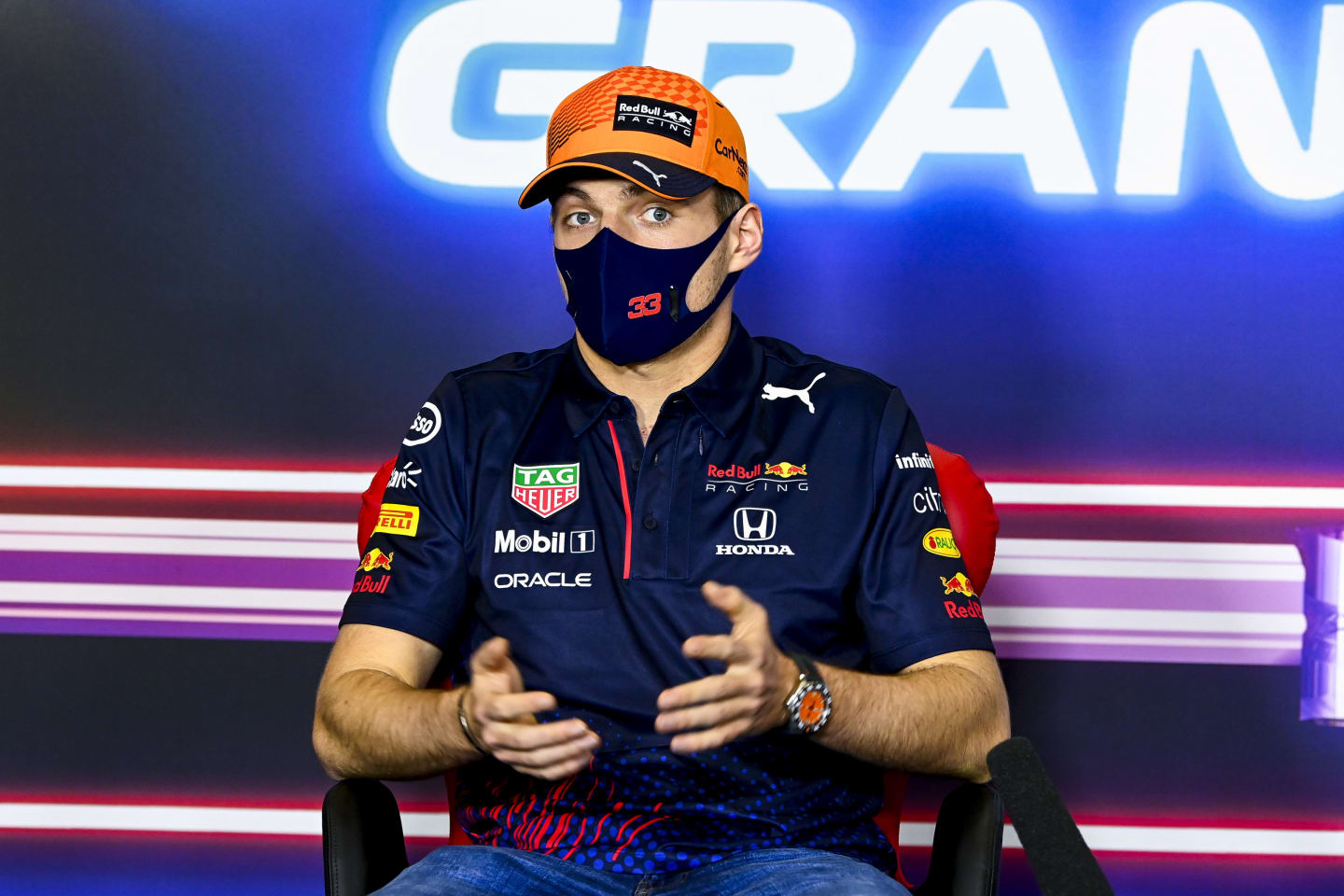 BARCELONA, SPAIN - MAY 06: Max Verstappen of Netherlands and Red Bull Racing talks in the Drivers
