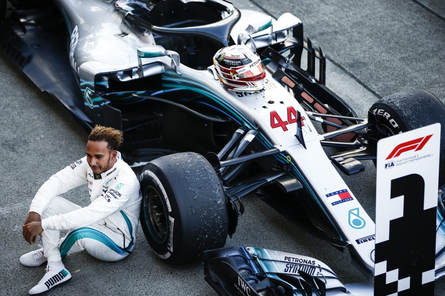 SUZUKA, JAPAN - OCTOBER 07: Lewis Hamilton, Mercedes AMG F1, 1st position, in Parc Ferme during the