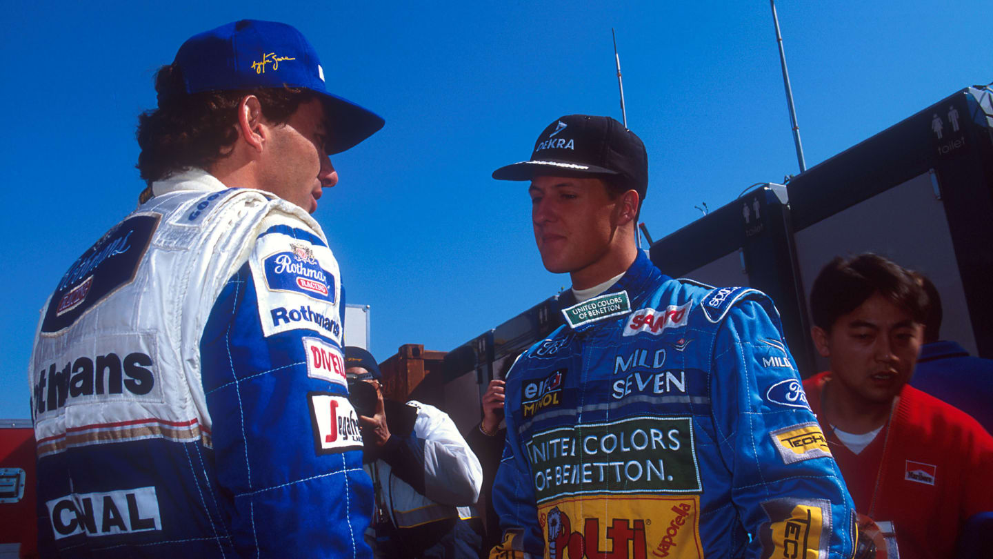 Imola, Italy.
29/4-1/5 1994.
Michael Schumacher (Benetton Ford) talks to Ayrton Senna (Williams