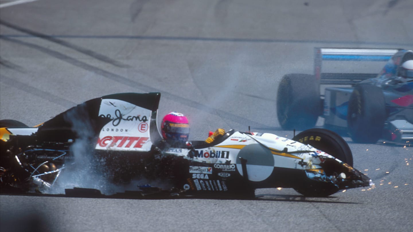 Imola, Italy.
29/4-1/5 1994.
Pedro Lamy's damaged Lotus 107C Mugen-Honda after he had run into the