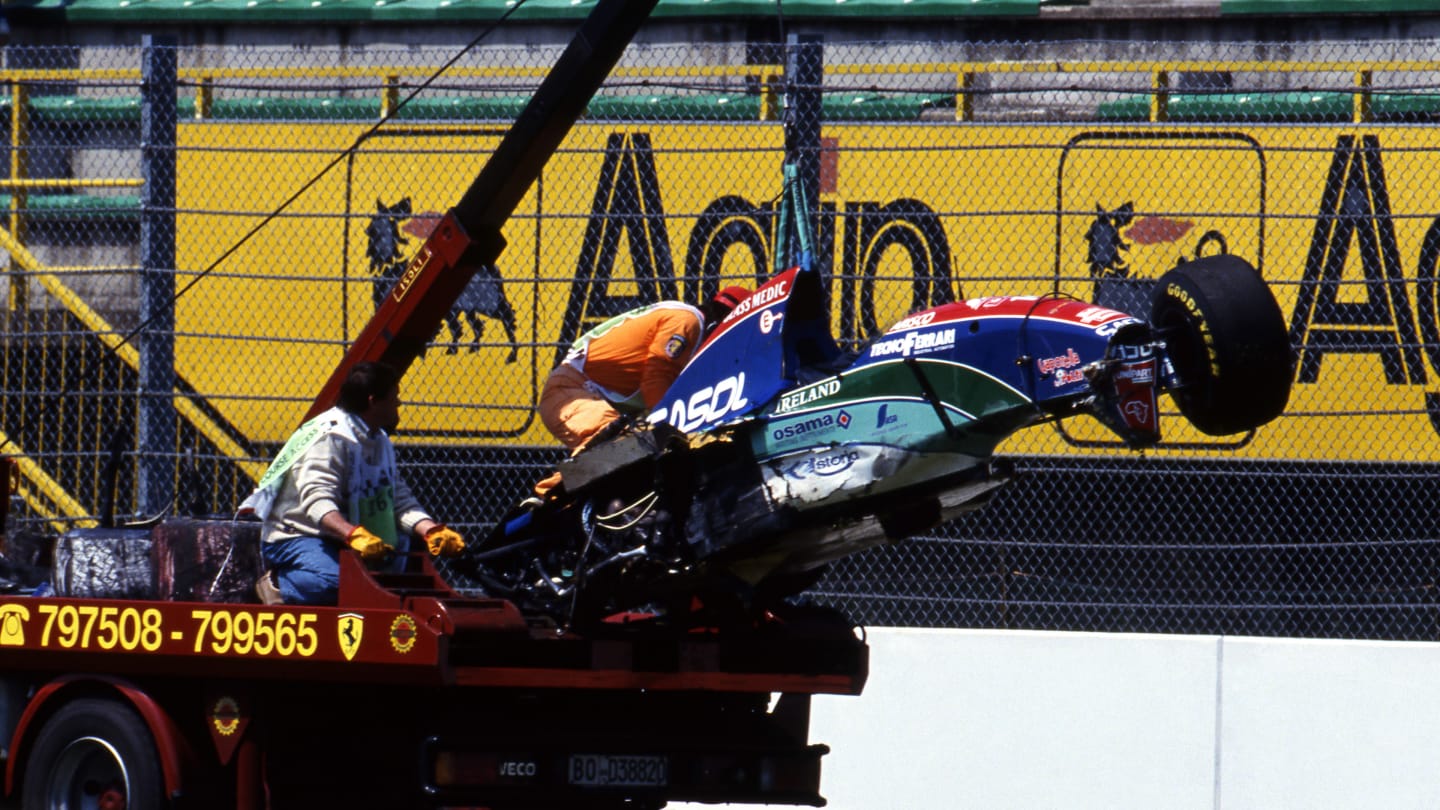 The damaged Jordan 194 of Rubens Barrichello (BRA) who crashed at Variante Bassa at 140mph during