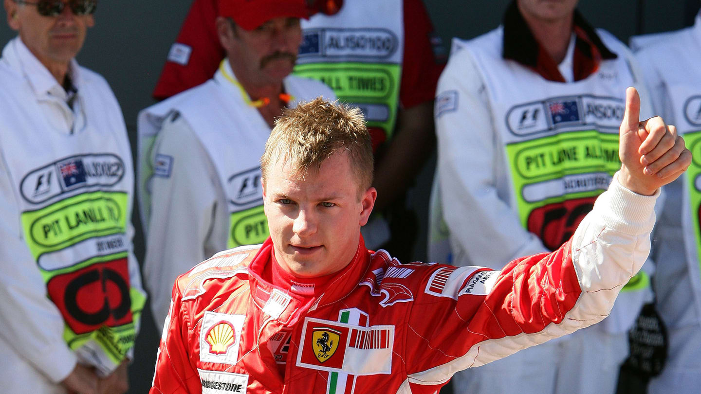 MELBOURNE, AUSTRALIA - MARCH 17: Kimi Raikkonen of Finland and Ferrari celebrates claiming pole