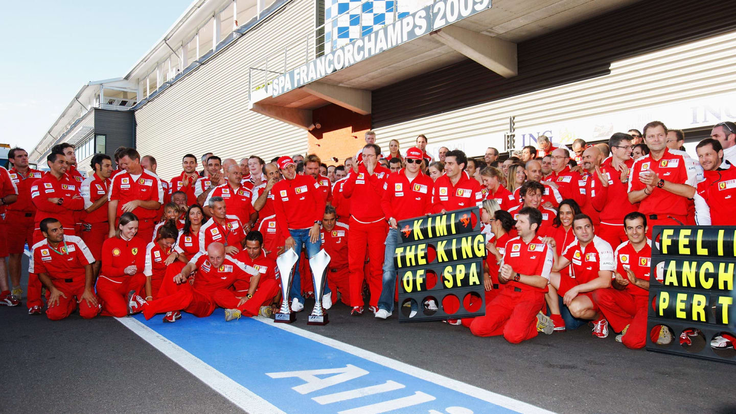 SPA FRANCORCHAMPS, BELGIUM - AUGUST 30: Kimi Raikkonen of Finland and Ferrari celebrates with team