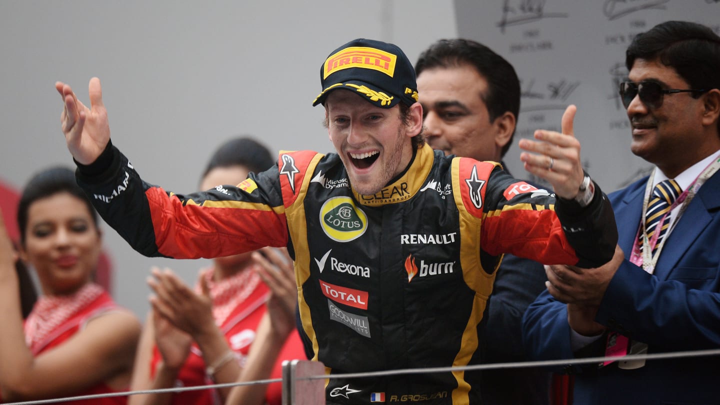 Romain Grosjean (FRA) Lotus F1 celebrates his third place on the podium.
Formula One World