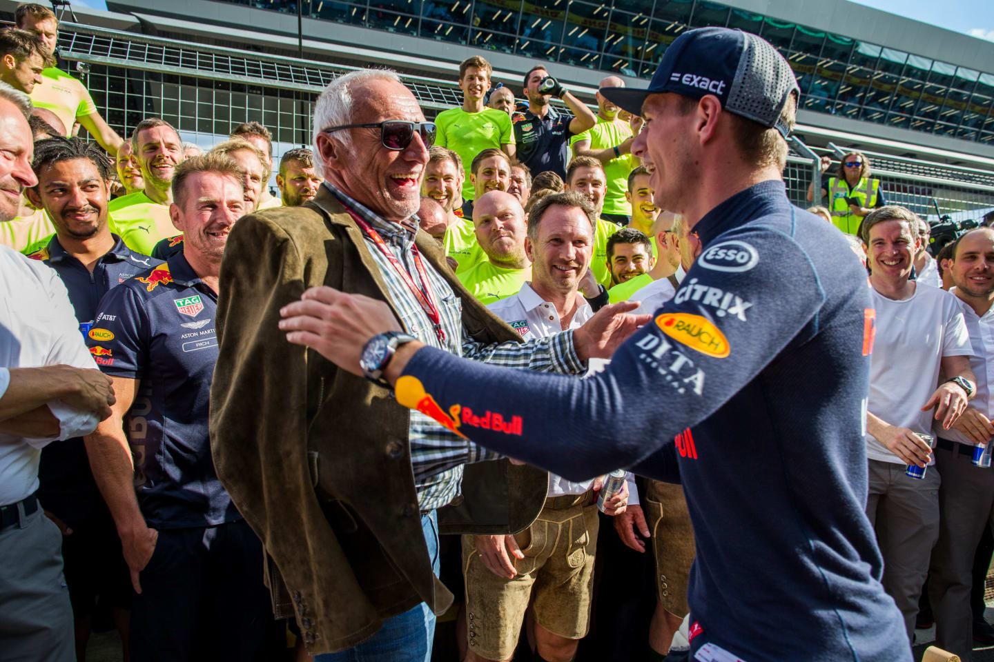 SPIELBERG, AUSTRIA - JULY 01:  Max Verstappen of Red Bull Racing and The Netherlands with Dietrich