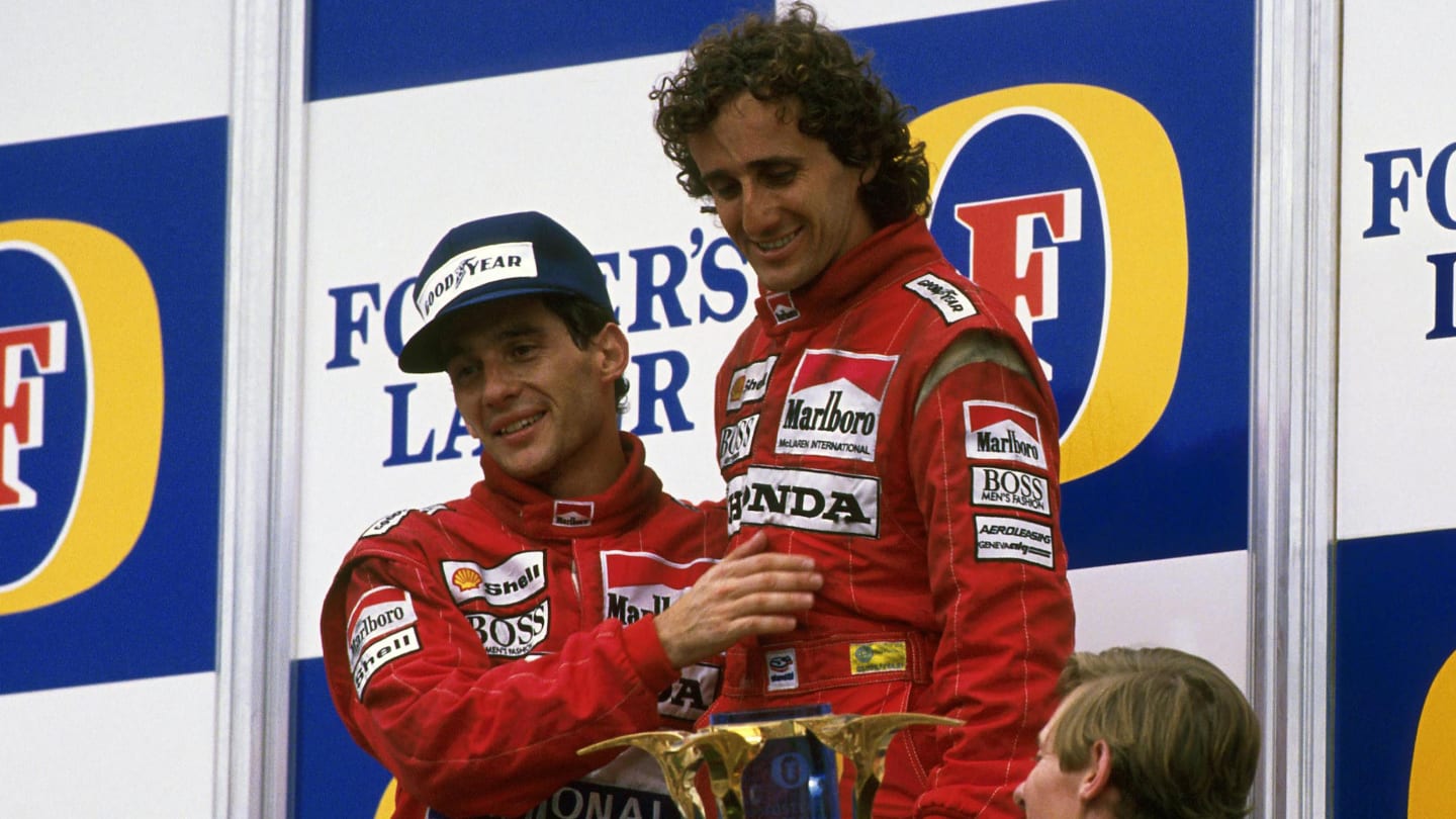 Winner Alain Prost (FRA) McLaren MP4/4 (C), with Ayrton Senna (BRA) McLaren MP4/4 (L), 2nd