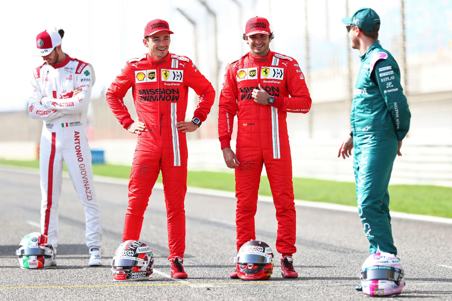 BAHRAIN, BAHRAIN - MARCH 12:  Charles Leclerc of Monaco and Ferrari and team mate Carlos Sainz of
