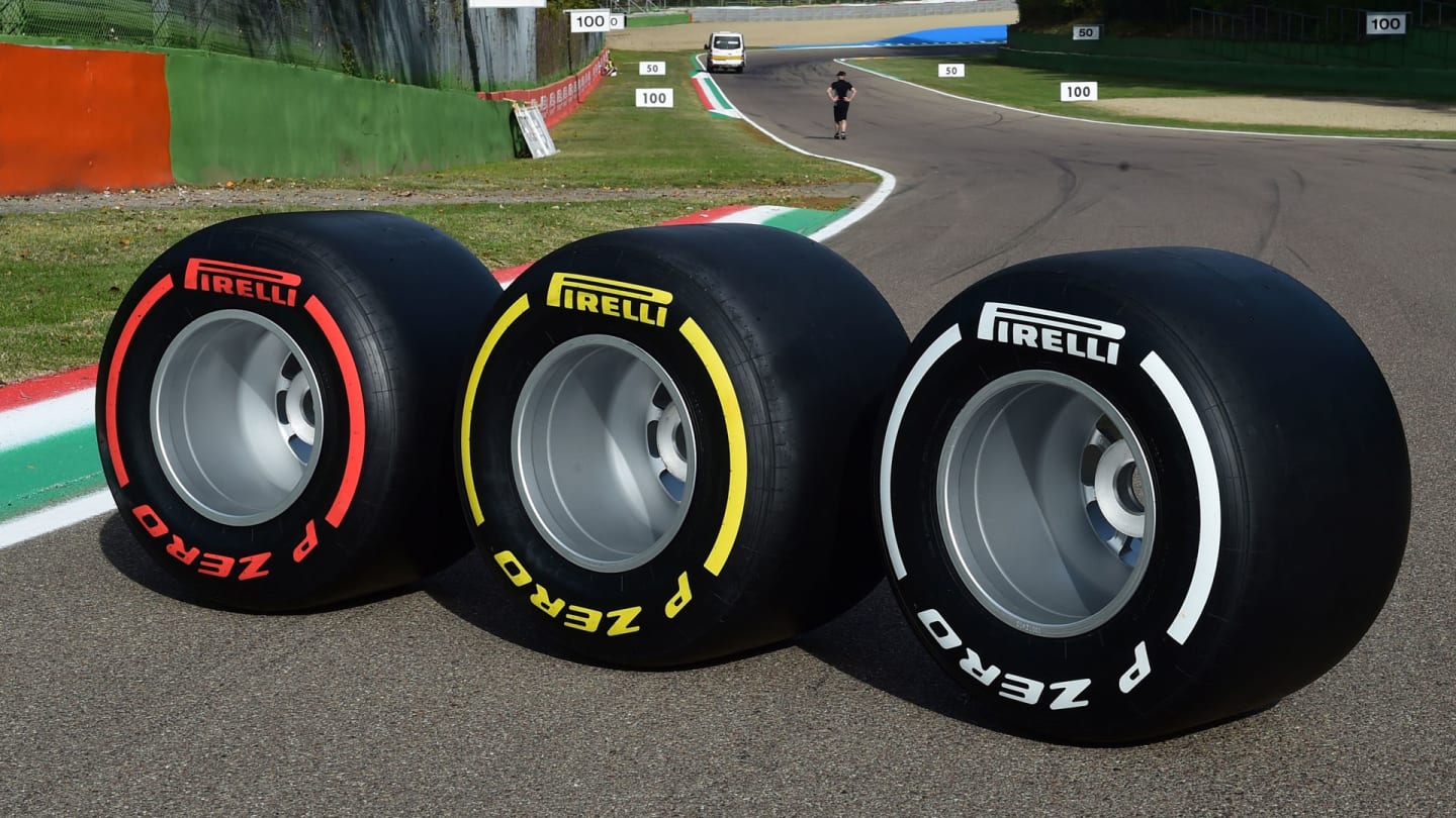 (LtoR) Soft, medium and hard F1 Pirelli tyres are presented at the Autodromo Internazionale Enzo e
