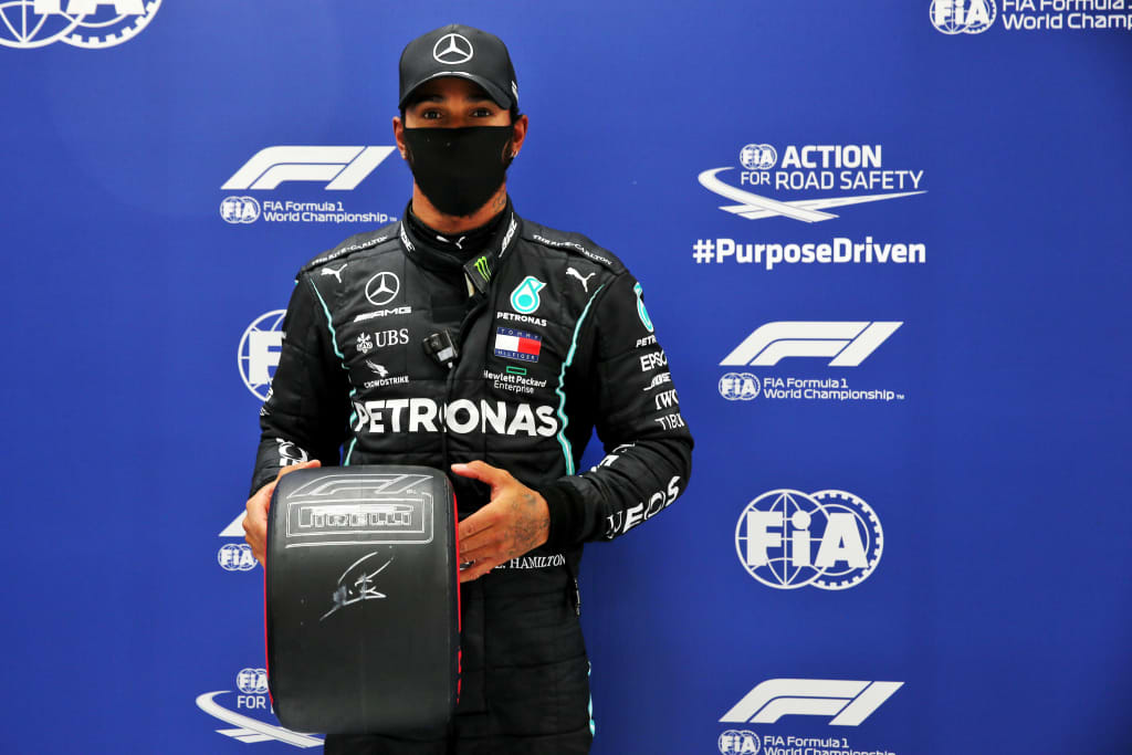 RED BULL RING, AUSTRIA - JULY 11: Lewis Hamilton, Mercedes-AMG Petronas F1, poses with the Pirelli Pole Position Award during the Styrian GP at Red Bull Ring on Saturday July 11, 2020 in Spielberg, Austria. (Copyright Free for Editorial Use Only. Credit: FIA Pool / LAT Images)