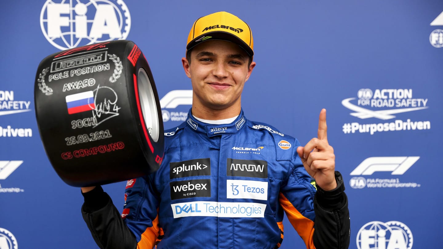 SOCHI AUTODROM, RUSSIAN FEDERATION - SEPTEMBER 25: Pole man Lando Norris, McLaren, with the Pirelli Pole Position Award during the Russian GP  at Sochi Autodrom on Saturday September 25, 2021 in Sochi, Russian Federation.