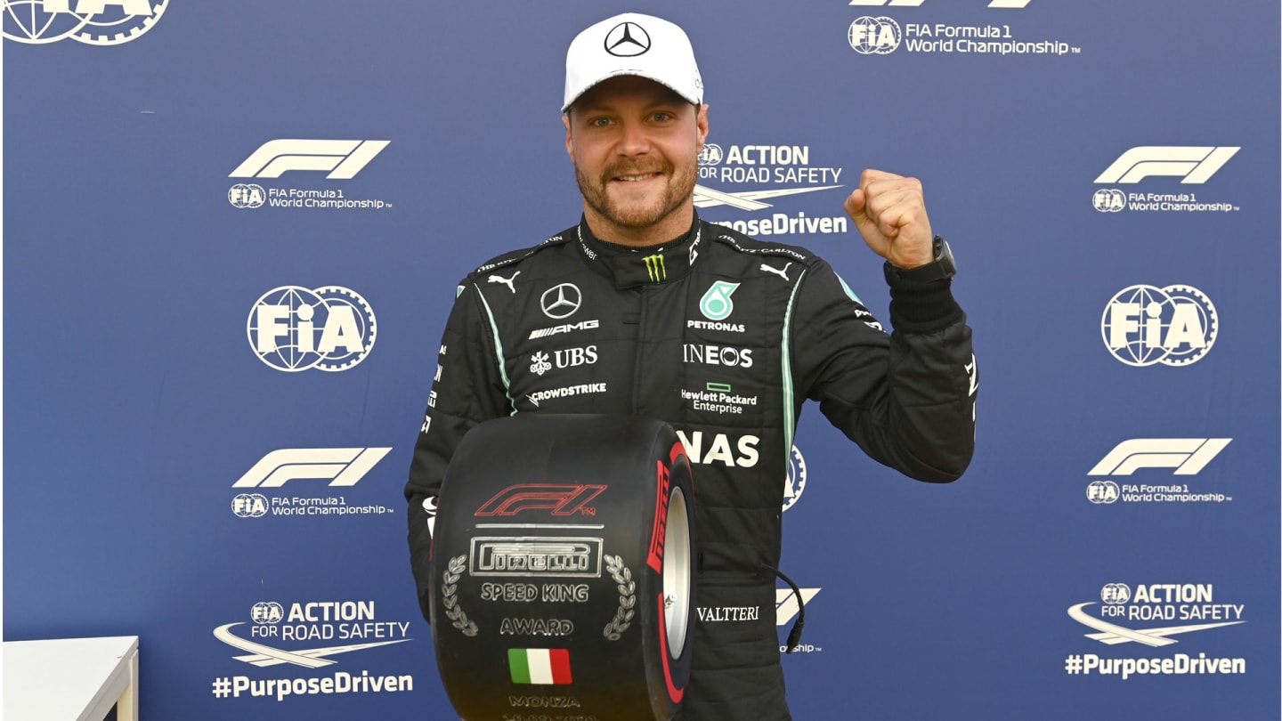 AUTODROMO NAZIONALE MONZA, ITALY - SEPTEMBER 10: Pole man Valtteri Bottas, Mercedes, with the