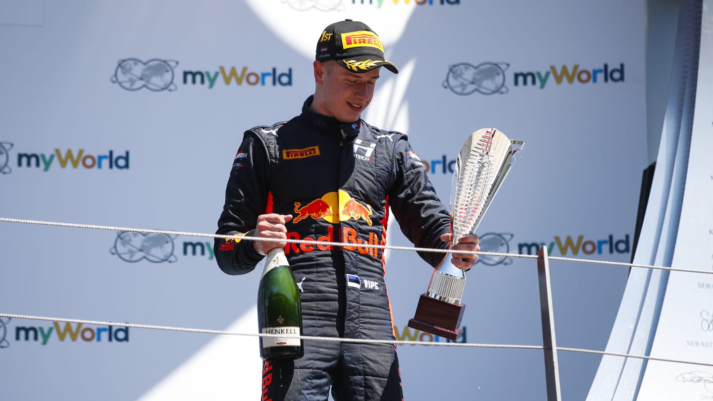 RED BULL RING, AUSTRIA - JUNE 29: Juri Vips (EST) Hitech Grand Prix, celebrates on the podium