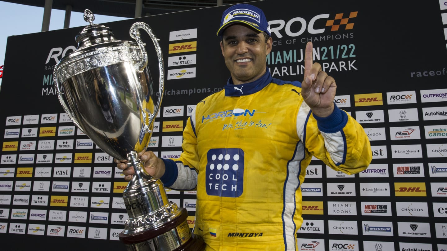 Winner Juan Pablo Montoya celebrates with the trophy at Race of Champions, Marlins Park, Miami, USA, 21 January 2017. © Sutton Images