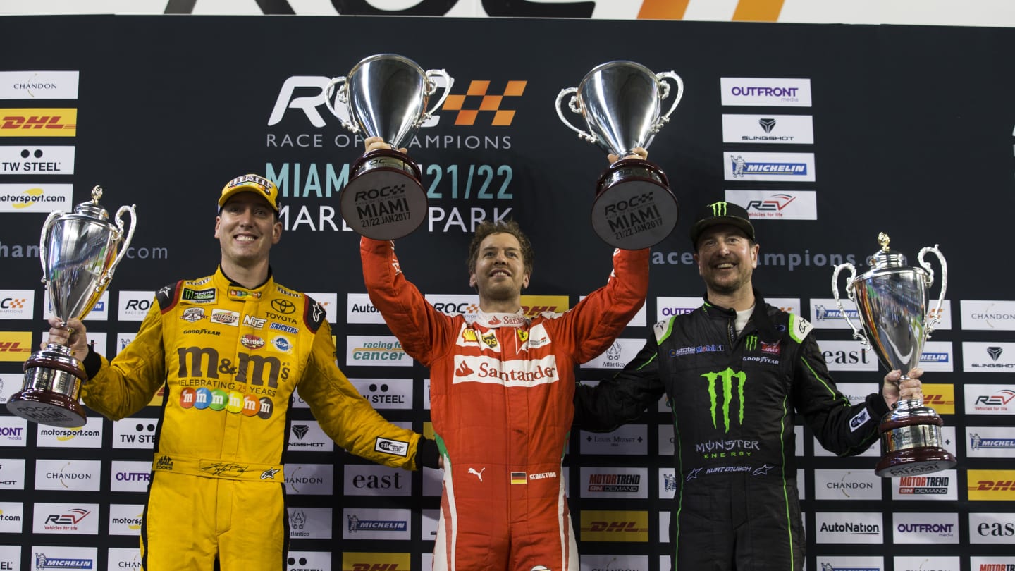 Sebastian Vettel celebrates his win in the ROC Nations Cup with Team Germany team mates Kyle Busch and Kurt Busch at Race of Champions, Marlins Park, Miami, USA, 22 January 2017. © Sutton Images