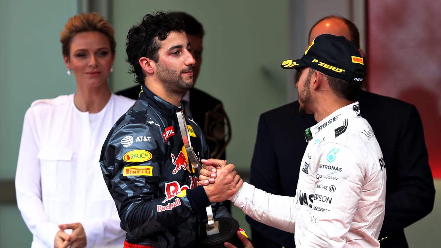 MONTE-CARLO, MONACO - MAY 29: Lewis Hamilton of Great Britain and Mercedes GP shakes hands with