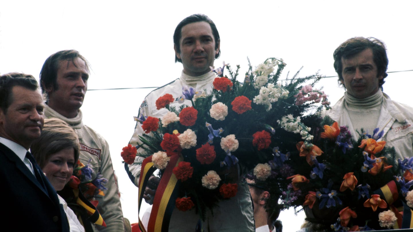 The podium (L to R): Chris Amon (NZL) Ferrari second; Pedro Rodriguez (MEX) BRM winner; Jean-Pierre Beltoise (FRA) Matra third. Belgian Grand Prix, Spa-Francorchamps, 7 June 1970. (Photo by Sutton Motorsport Images)