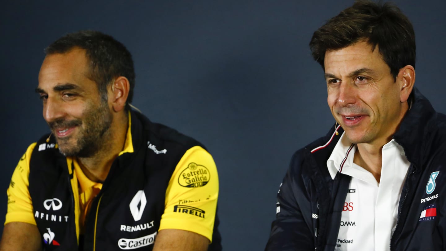 SOCHI AUTODROM, RUSSIAN FEDERATION - SEPTEMBER 28: Cyril Abiteboul, Managing Director, Renault Sport F1 Team, and Toto Wolff, Executive Director (Business), Mercedes AMG, in a Press Conference during the Russian GP at Sochi Autodrom on September 28, 2018 in Sochi Autodrom, Russian Federation. (Photo by Sam Bloxham / LAT Images)