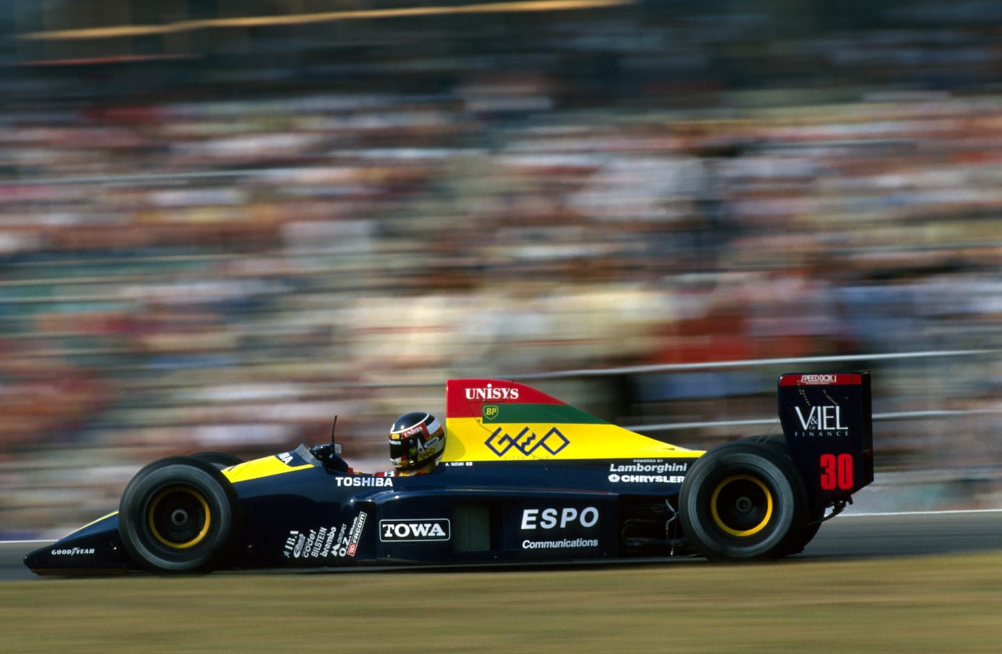 Aguri Suzuki (JPN) Lola Lamborghini 90.
German Grand Prix, Rd9, Hockenheim, Germany.
29 July