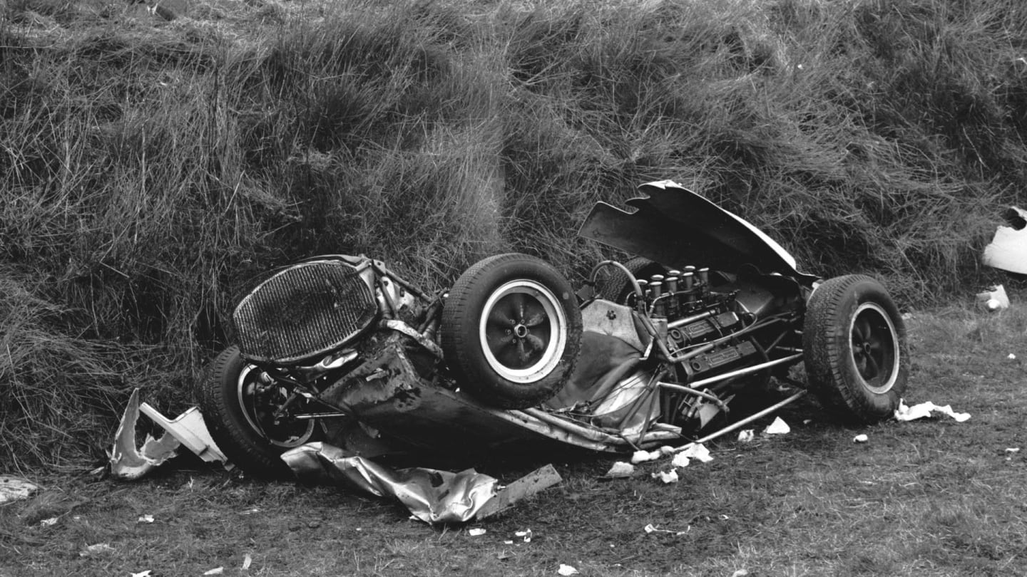 Remains of the Lotus 18 Climax driven by Stirling Moss (GBR), the accident that ended his career at