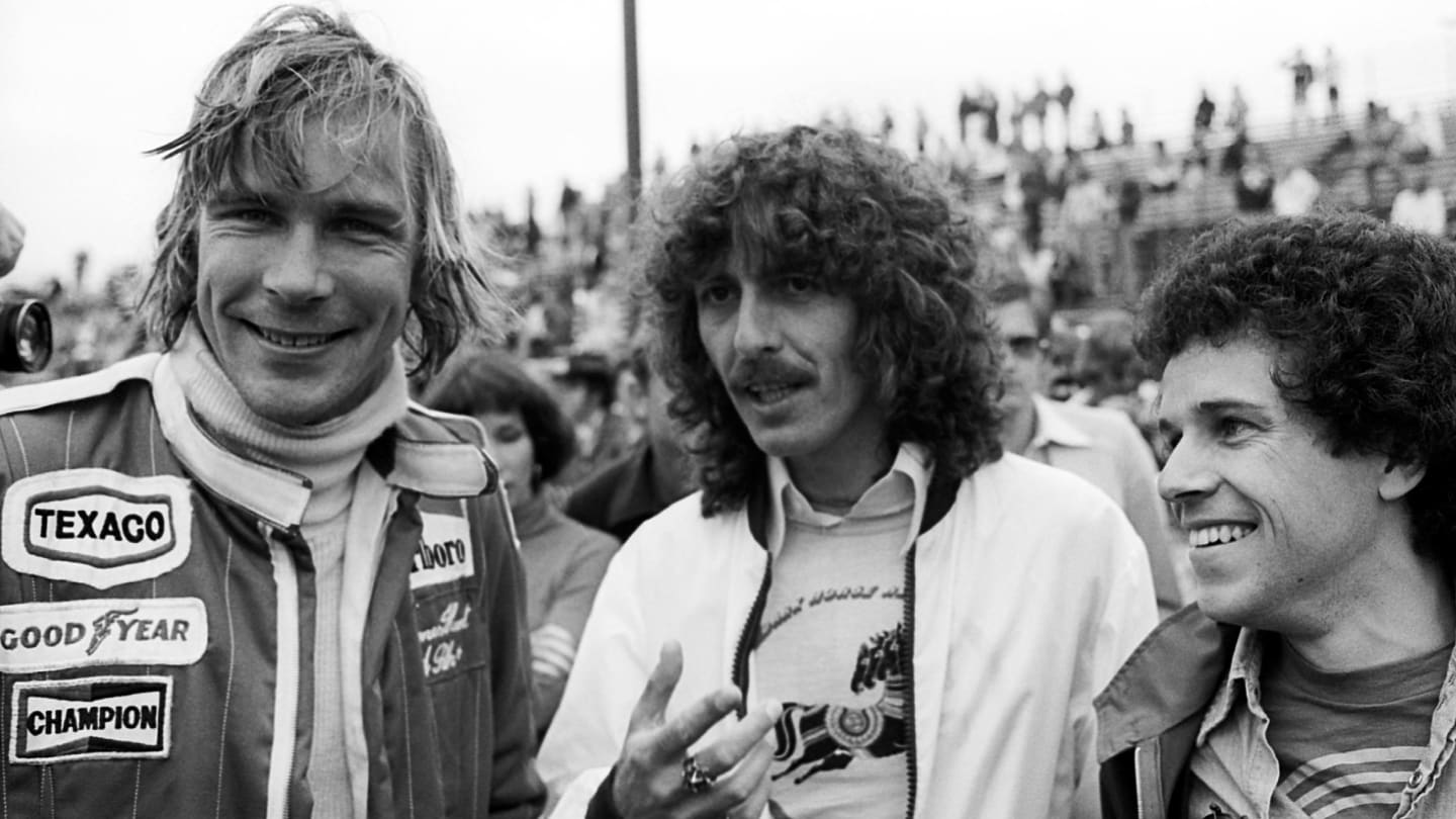 (L to R): Seventh placed James Hunt (GBR) with F1 celebrity fans George Harrison (GBR) Beatles