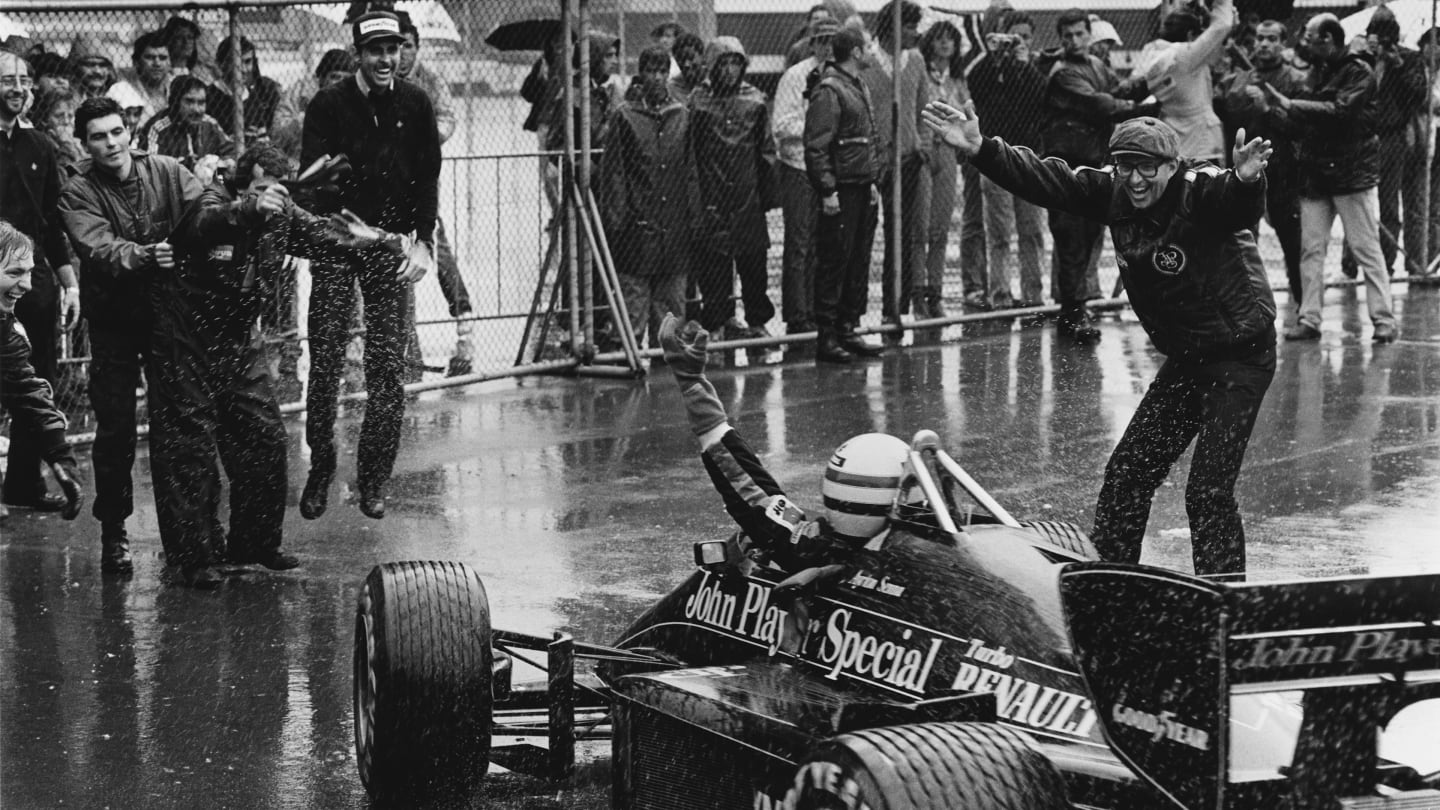 Estoril, Portugal. 19-21 April 1985.
Ayrton Senna (Lotus 97T-Renault) celebrates 1st position with