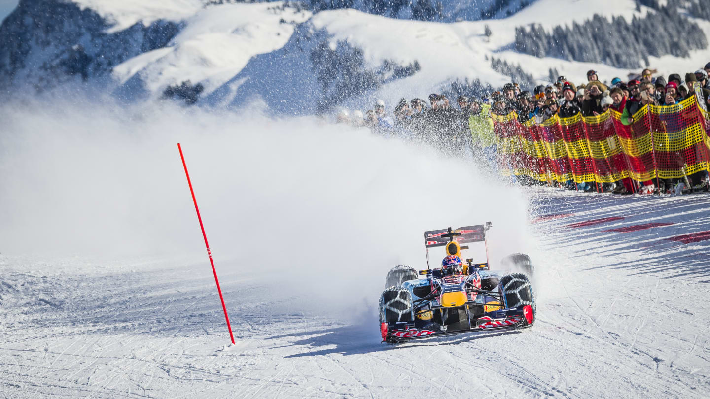 Tackling the notorious Hahnenkamm downhill course in Kitzbuehel, Austria is hard enough on skis… In January 2016 Max Verstappen did it in an F1 car equipped with nothing more than snow chains… © Philip Platzer/Red Bull Content Pool