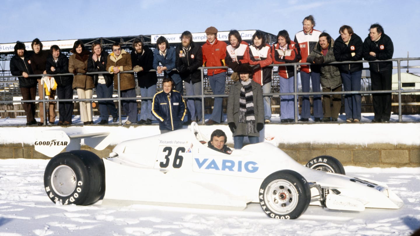 How’s this for a launch to remember? A young Riccardo Patrese tries to stay warm in the cockpit as Arrows launch the FA/1 at a snowy Silverstone in January 1978. © LAT