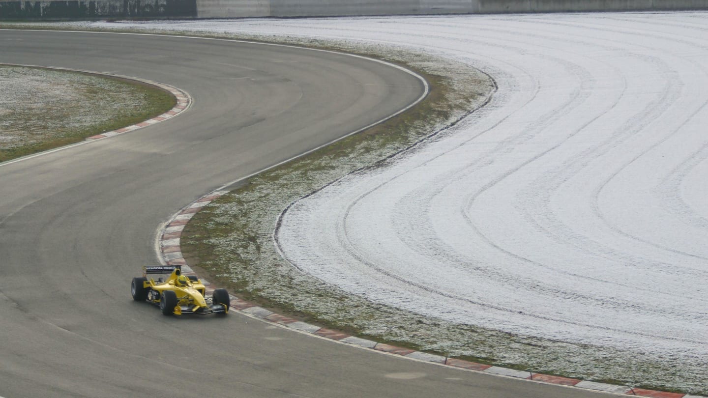 It may have a temperate climate most of the time, but snow has interrupted testing in Barcelona before. Here Ralph Firman guides his Jordan between snow covered gravel traps in February 2003. © Sutton Motorsport Images