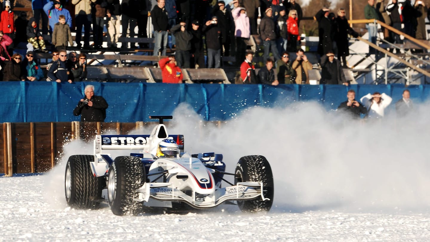 “Drive an F1 car on a snow-covered lake? No problem – I’ll just need some studded tyres…” Nick Heidfeld demos his BMW Sauber in St Moritz, Switzerland in 2007. © Copyright Free for Editorial Use Only