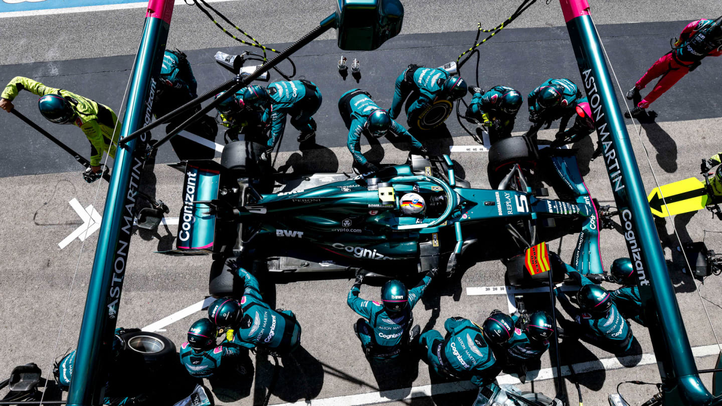 Sebastian Vettel, Aston Martin AMR21, makes a pit