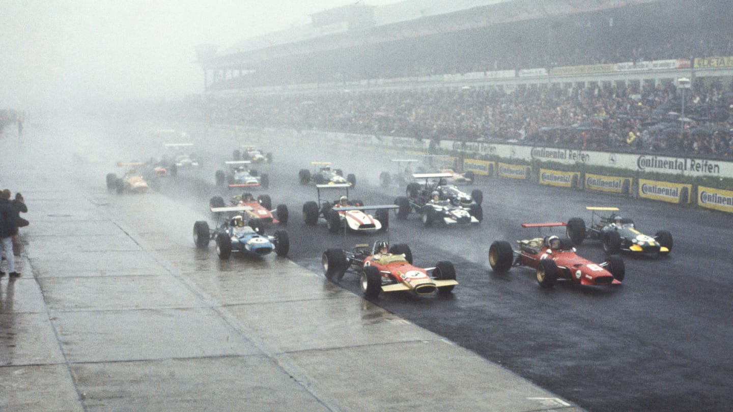 1968 German Grand Prix. 
Nurburgring, Germany. 2-4 August 1968. 
Chris Amon, Ferrari 312, leads