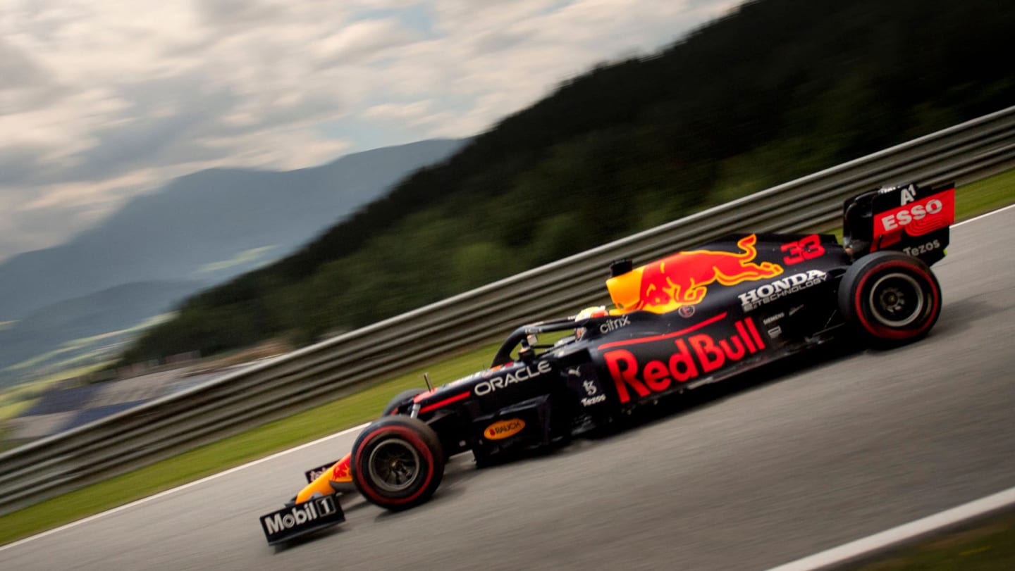 Red Bull's Dutch driver Max Verstappen drives during the first practice session at the Red Bull