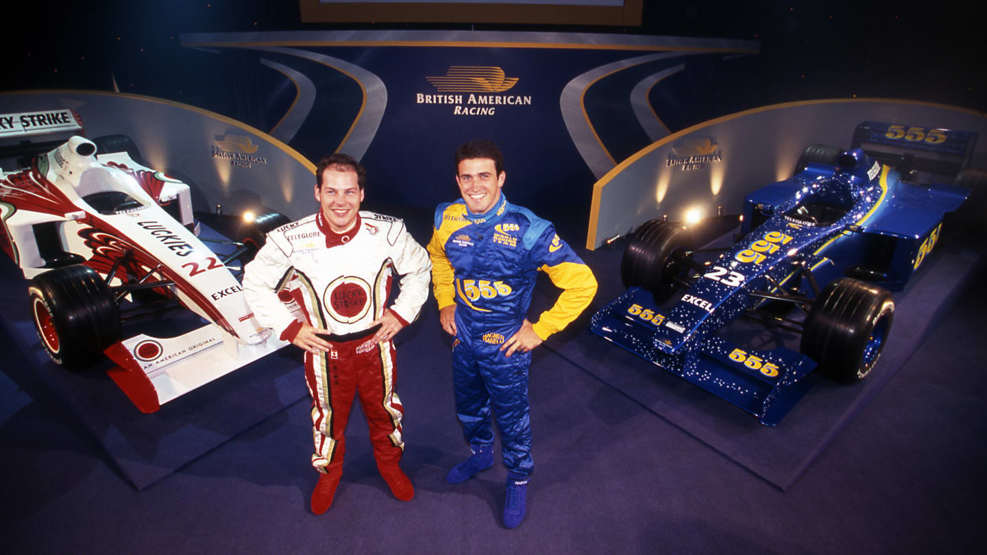 Jacques Villeneuve (CDN) and Riccardo Zonta (BRA) with their dual-liveried cars at British American Racing's 1999 Launch, BAR Factory, Brackley, England, 6 January 1999. © Sutton Motorsport Images