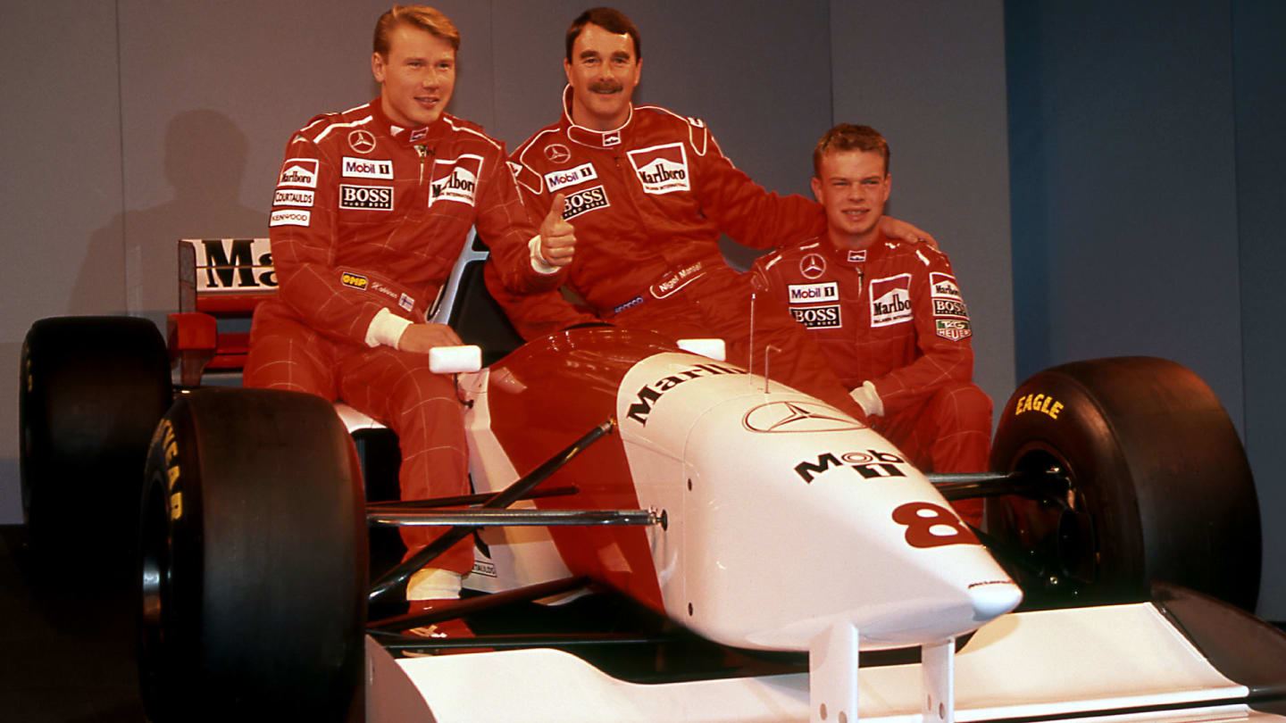 (L to R): Mika Hakkinen (FIN) McLaren, Nigel Mansell (GBR) McLaren and Jan Magnussen (DEN) McLaren at McLaren MP4-10 Launch, Science Museum, London, England, 17 February 1995. © Sutton Motorsport Images